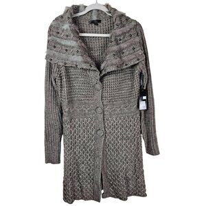 Sloni Cable Knit Long Cardigan Coat L Taupe Shawl Wool Blend Chunky Fisherman